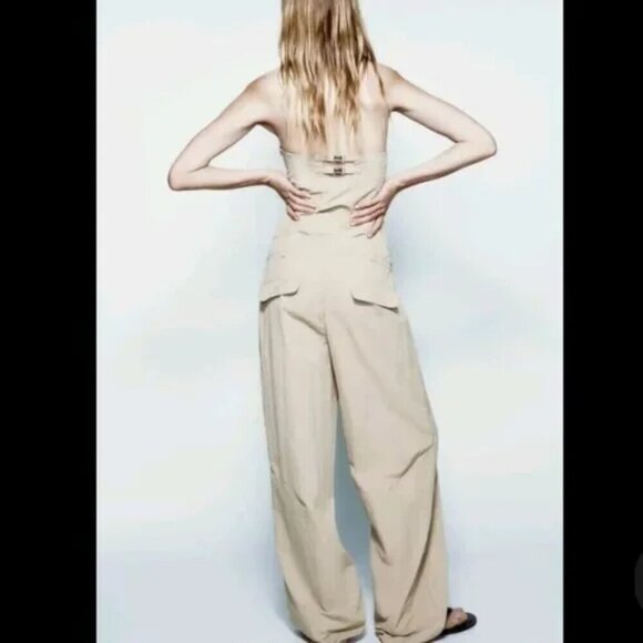 New Zara Caro Long Strapless Nylon Beige/Khaki Jumpsuit NWT Small - Picture 6 of 12
